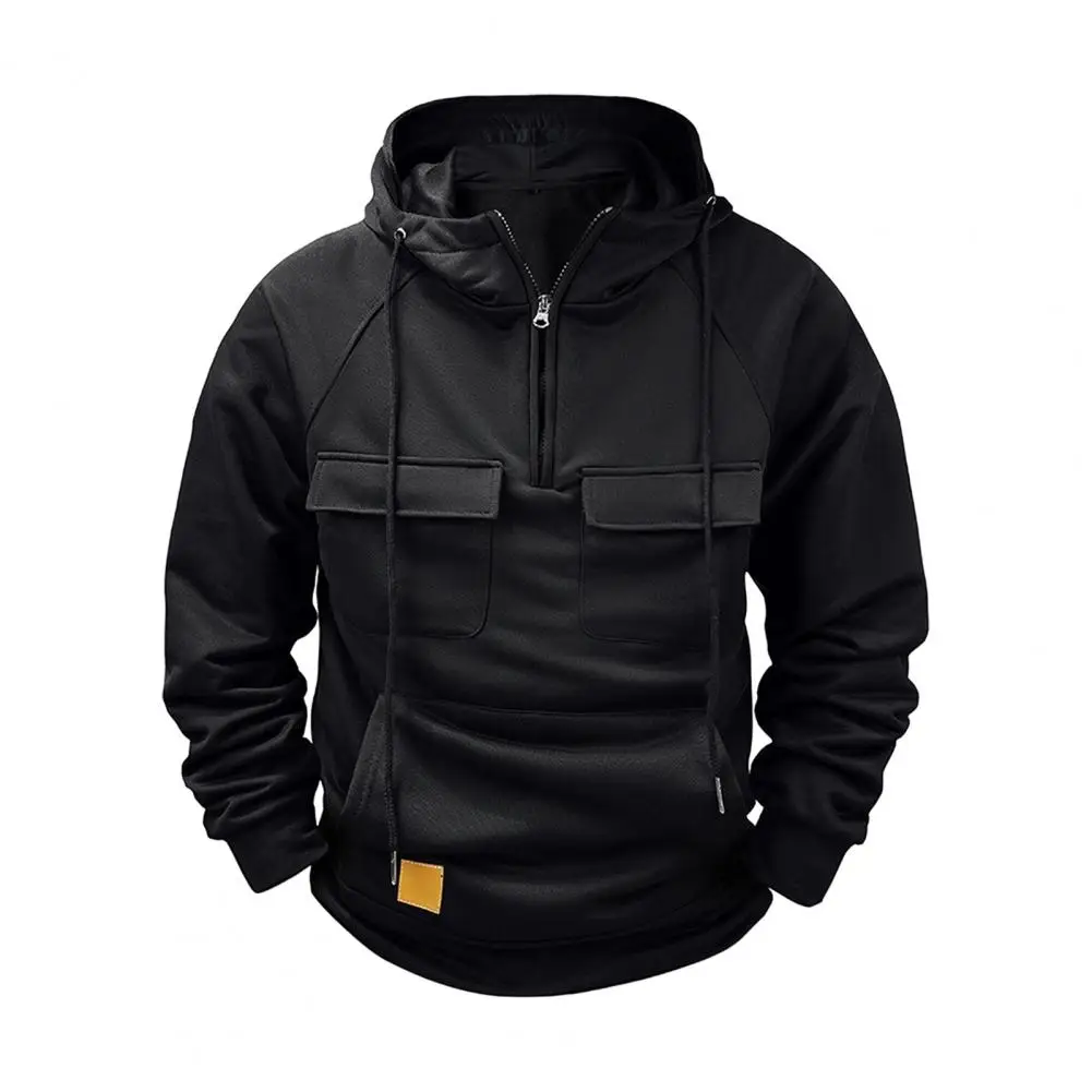 

Casual Men Jacket Zippered Hooded Sweatshirt Men's Cargo Style Sport Top with Multi Pockets Drawstring Hem Half Zipper for Fall