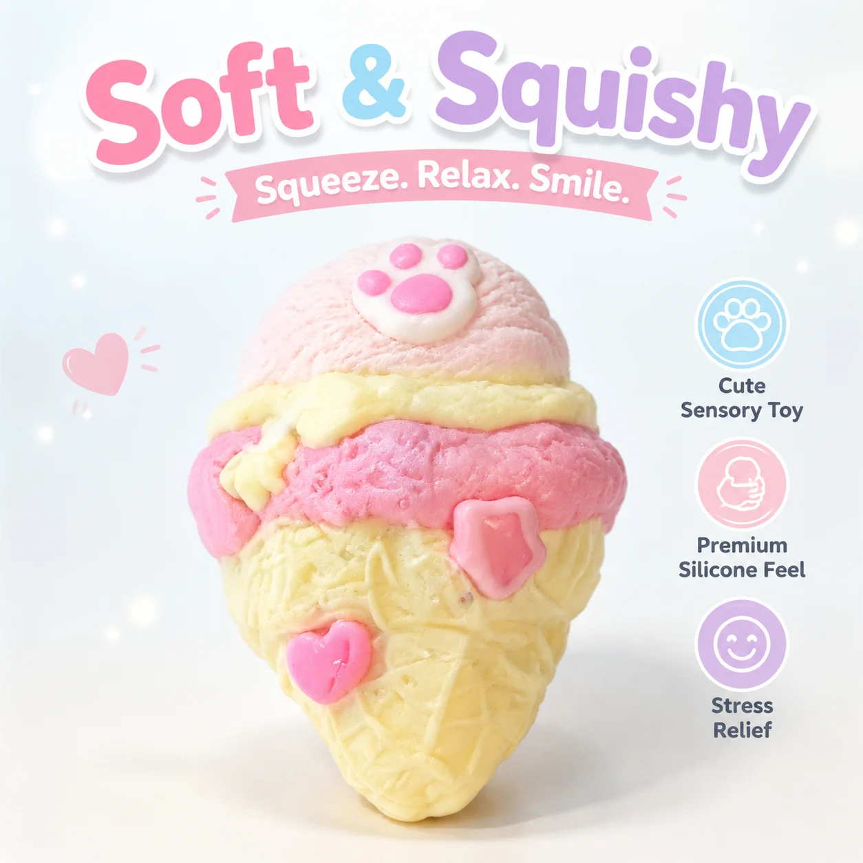 Food Grade Cat Paw Ice Cream Squishy Toy Soft Squeeze Stress Relief Toy Simulation Waffle Cone Fidget Toy For Children