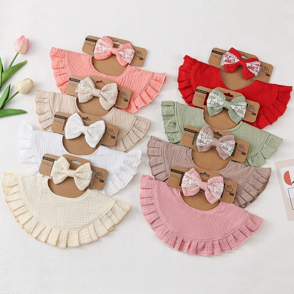 

2 Set/lot Baby Bib Headband Set Newborn Fabric Bow Hairband with Ruffled Edge Bibs Toddlers Cotton Burp Cloths and Headbands Set