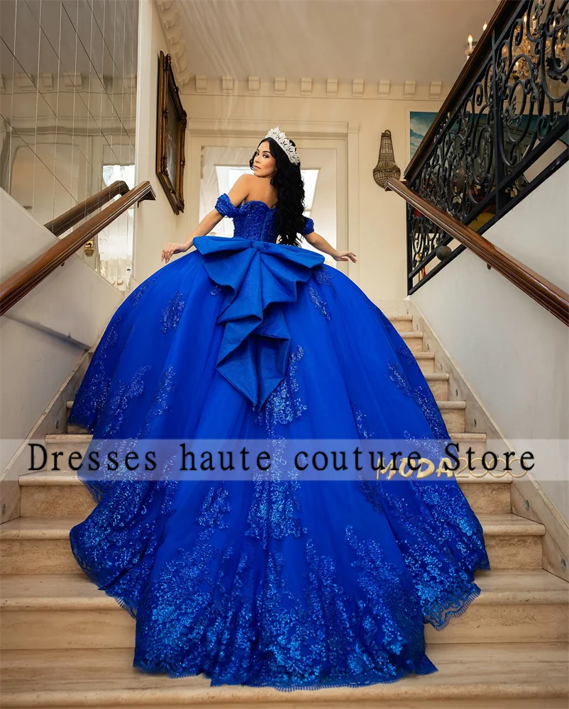 Robe de Quinceanera perlée en tulle bleu royal, robe de Rhpersonnalisée avec nœud, appliques de paillettes, Sweet 16, 2025