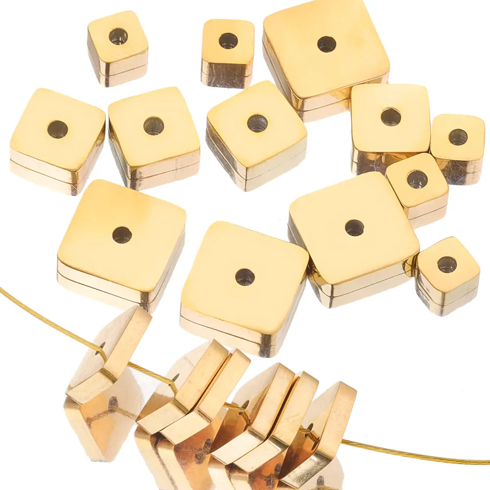 10Pcs/Lot 8 6 4 Hole 1mm Stainless Steel Gold Color Square Charms Flat Spacer Beads for Needlework Jewelry Making Materials Bulk