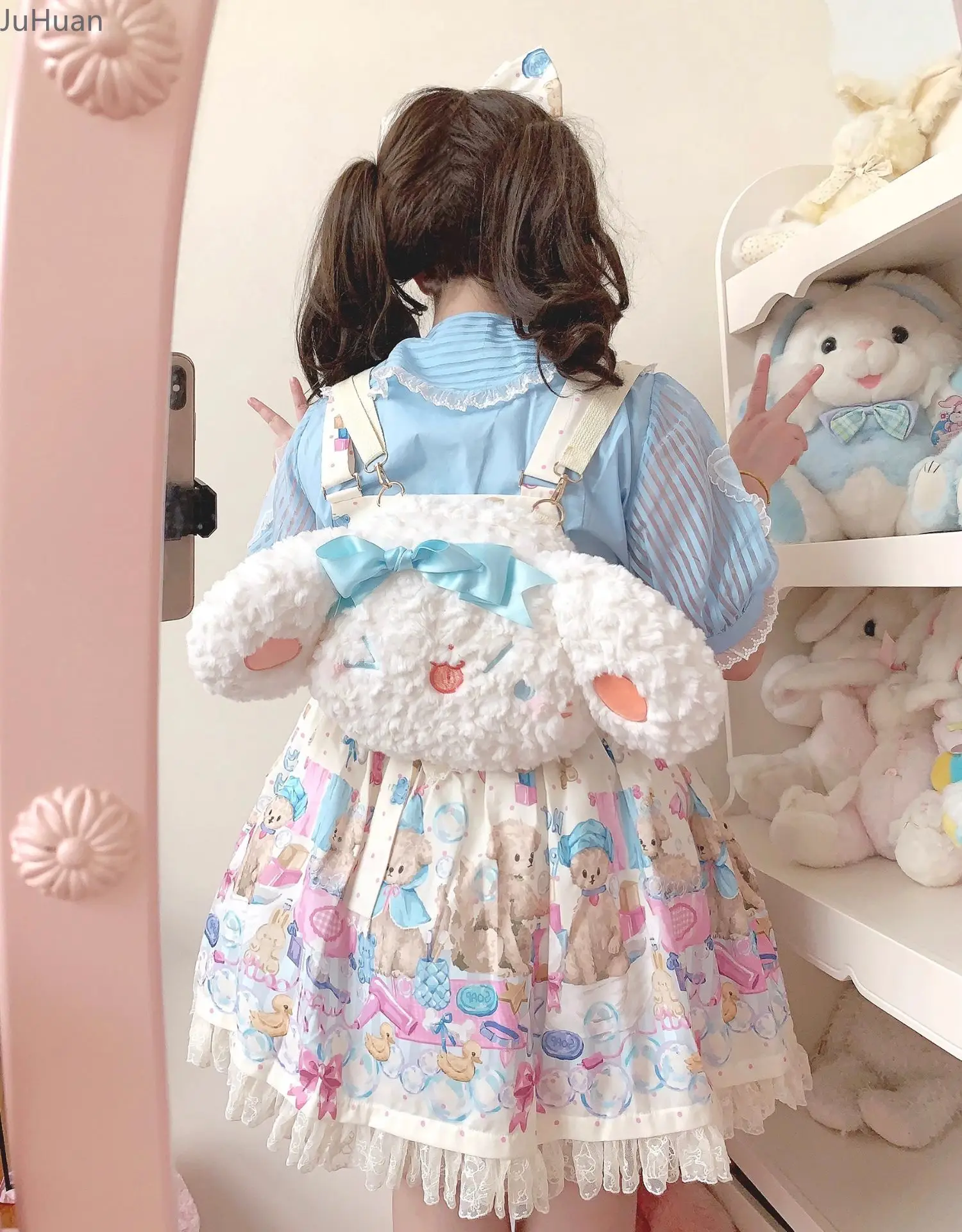 Borsa a tracolla da donna giapponese Kawaii Borse Lolita dolci e carine Fiocco in peluche Cucciolo impertinente Bella ragazza Zaino di grande capacità Donna