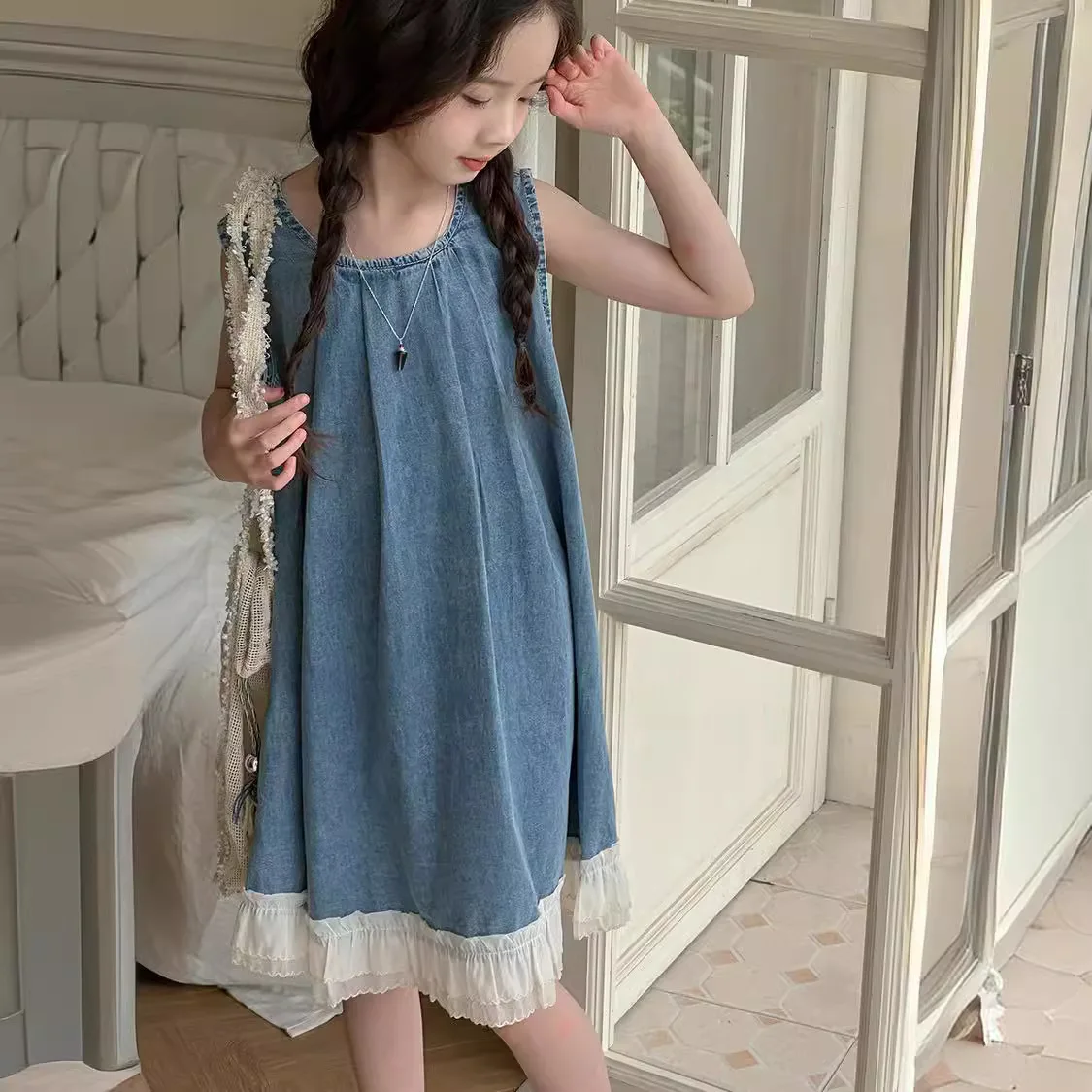 Meninas vestido 2024 verão novas roupas colete saia jeans crianças simples casual saia azul coreano estilo simples vestido de moda