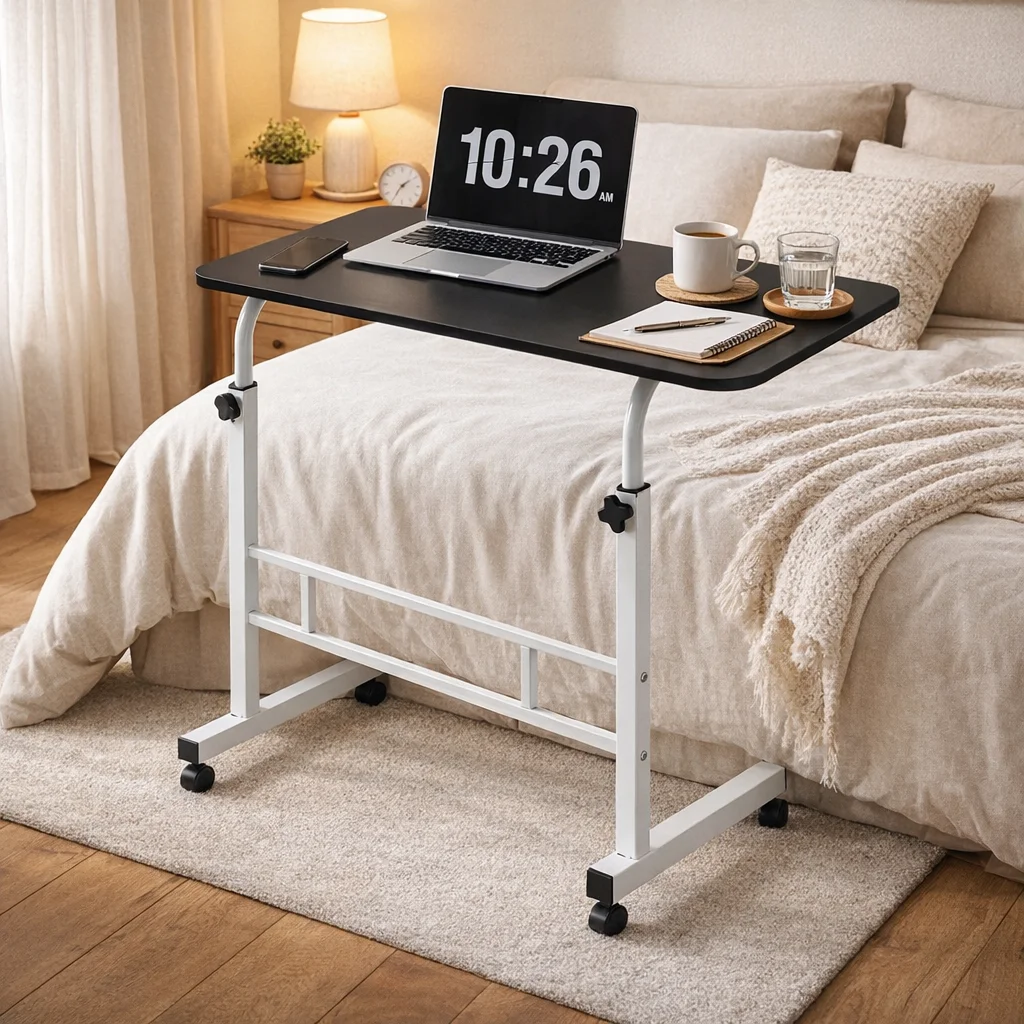 Four Wheel Rolling Learning/Workstation Desk - Height Adjustable Mobile Laptop Desk With Double Shelves For Headboard/Dormitory/Office Use, Sturdy Steel Frame And Modern Finish (Space Saving Design)