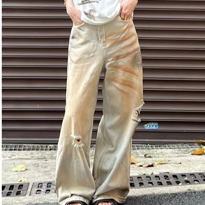 

Ретро Американские зауженные грязевые джинсы Мужчины Женщины Ленивый Sle Весна Осень Новые потертые длинные брюки Fem Sle Прямые джинсы