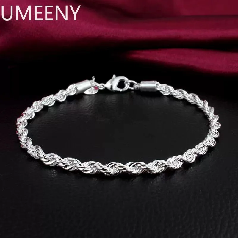 

4MM 925 Silver twisted rope bracelet jewelry men's and women's fashion pendant charm sparkling jewelry
