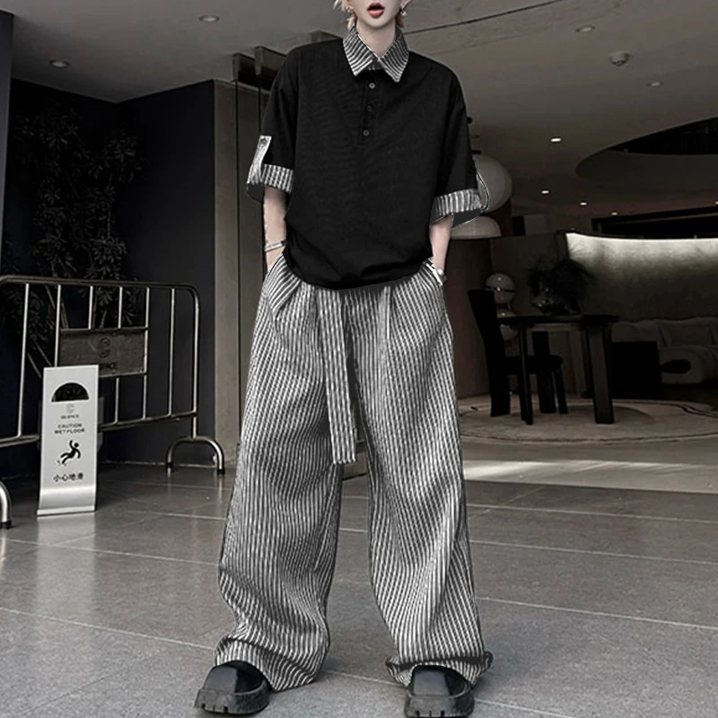 ชุดเซ็ตผู้ชาย INCERUN เสื้อเชิ้ตแขนสั้นลายทางต่อผ้าปกตั้ง & กางเกงขายาวผูกเชือก ชุดสองชิ้น สไตล์สตรีทแวร์ ทรงหลวม สบายๆ ชุดสูทผู้ชาย