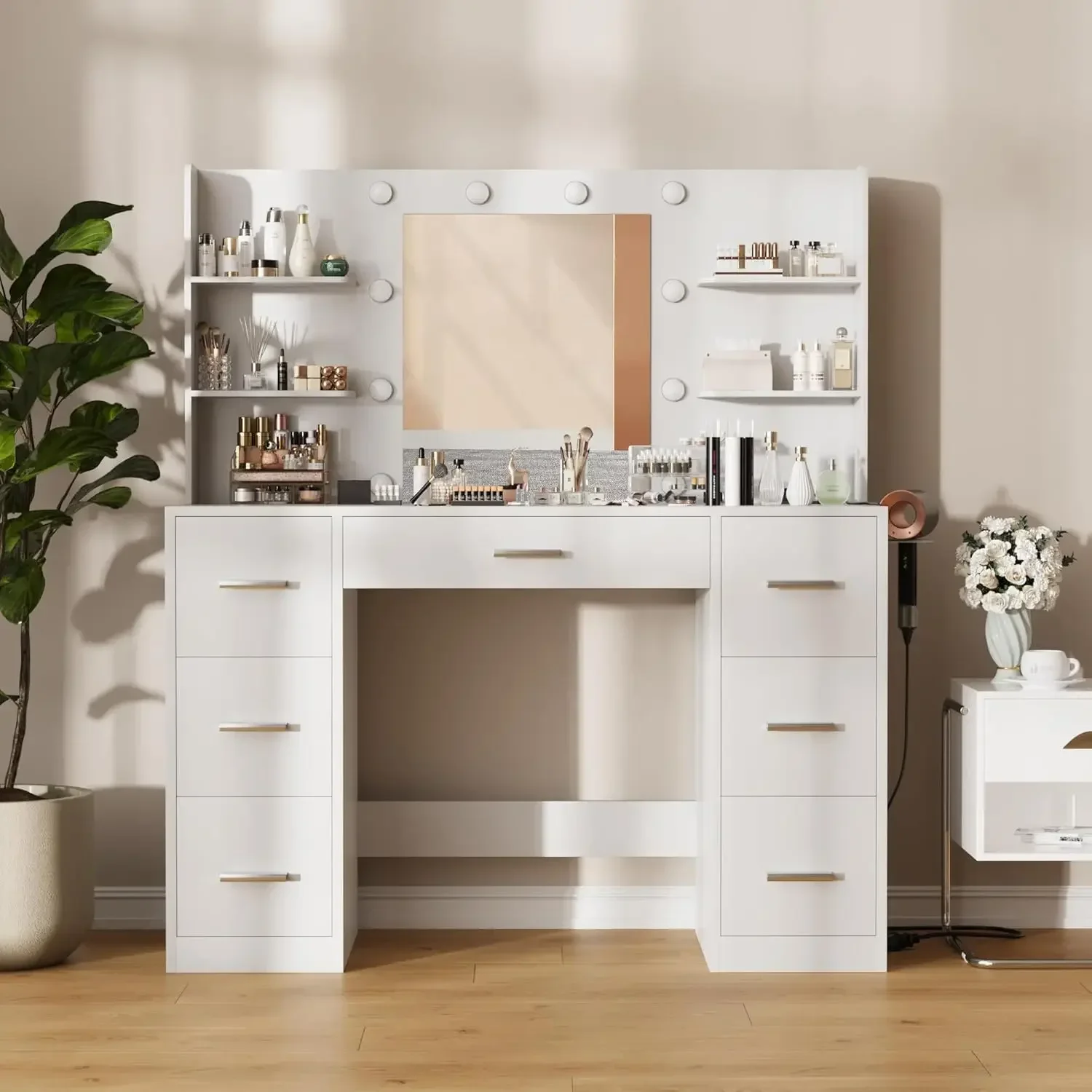 Furmax Vanity Desk with Mirror, LED Lights and Power Outlet Makeup Vanity Table with 7 Drawers and 6 Storage Shelves Dressing Ta