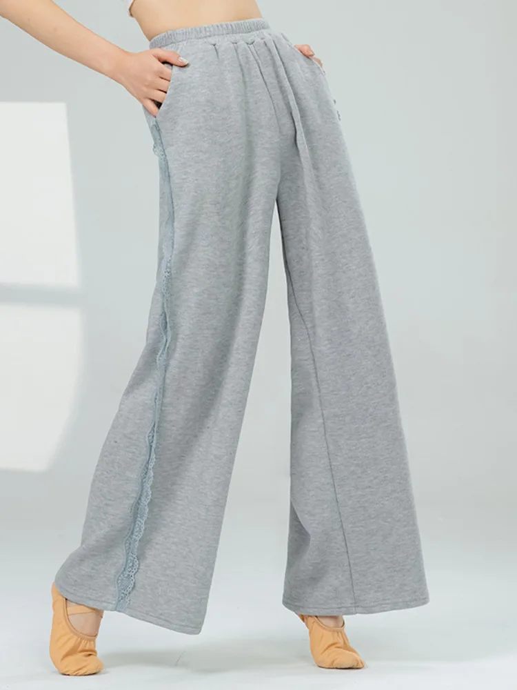 สีทึบลูกไม้หรูหราแขนยาวบัลเล่ต์ด้านบนและกางเกงขากว้างเอวสูงชุดสําหรับเวทีหรือการปฏิบัติ