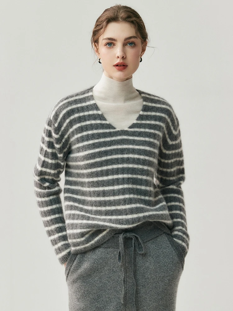 

TLOML Autumn Winter Women's 100% Cashmere Sweater V-neck Striped Pullover Cashmere Knitted Soft Warm Loose Cashmere Casual Tops