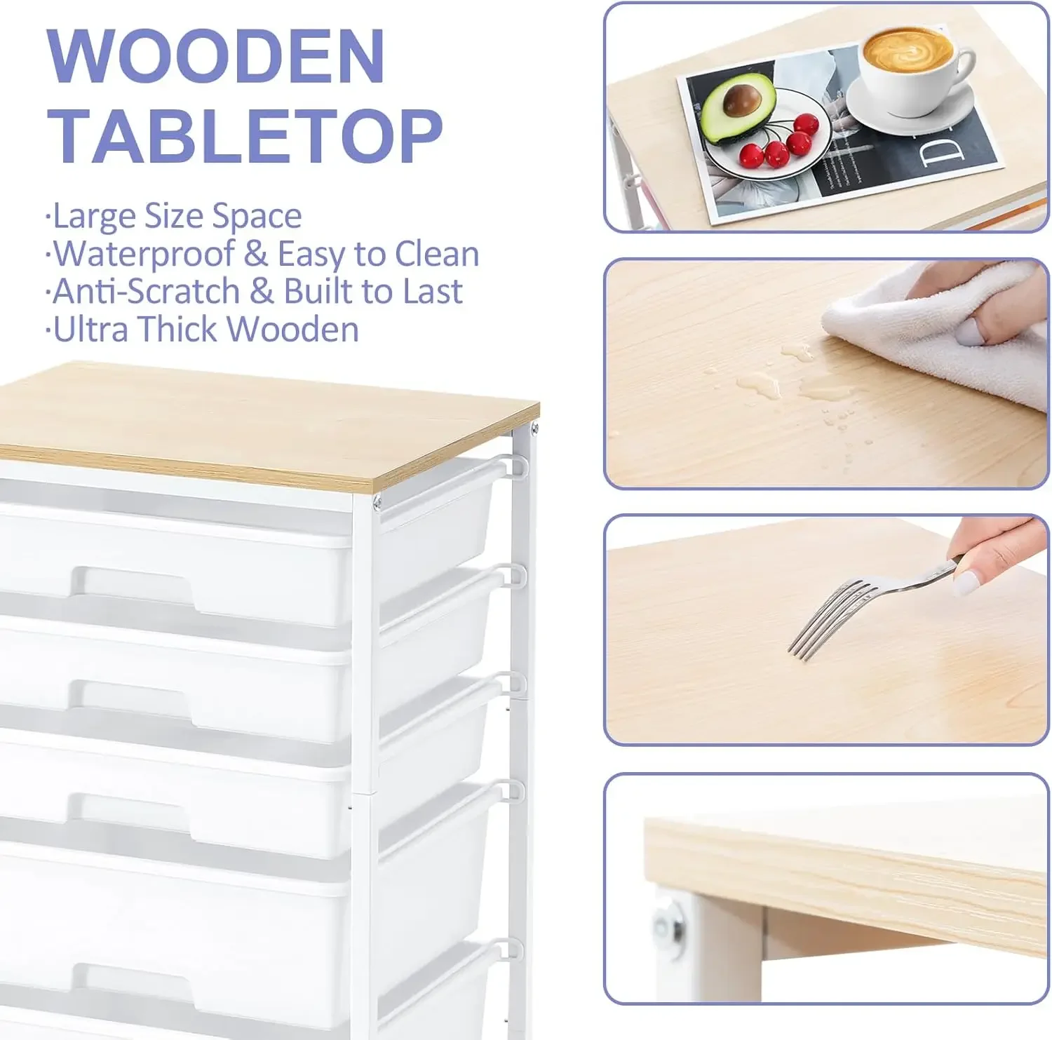 Utility Cart with 5 Drawers,Storage Drawer Cart with Wooden Tabletop and Lockable Wheels,Craft Storage Trolley Cart,