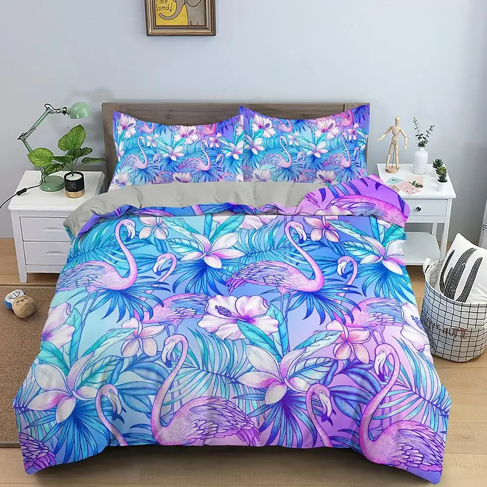 Flamingo Duvet Cover Set Purple Tropical Botanical Bedding Set Coral Flamingo Soft Breathable Queen King Polyester Quilt Cover