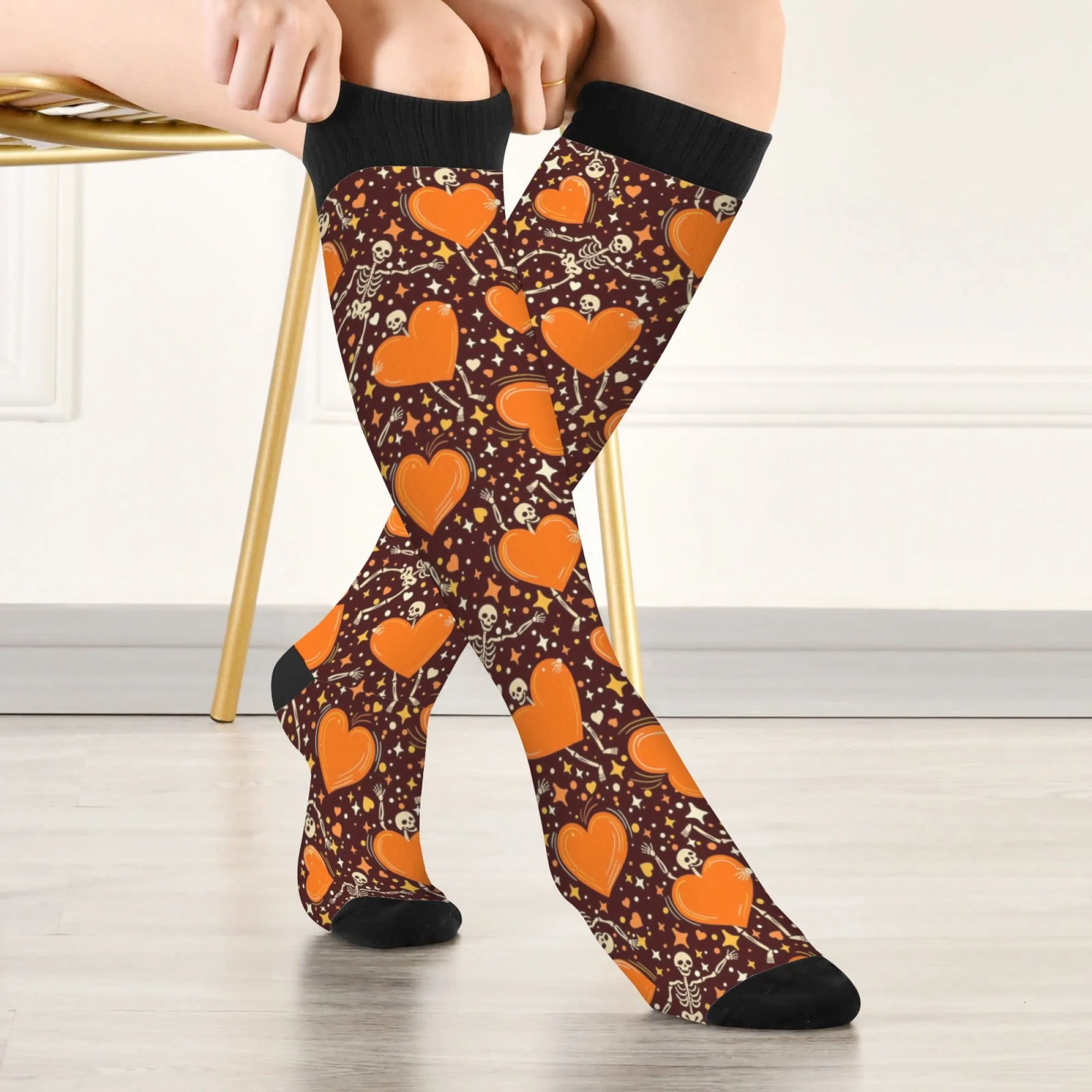 

Dark Sweet Knee High Socks Stylish Skeleton & Heart Pattern Print Bold Orange Brown Combinations Soft Warm Edgy Halloween Wear