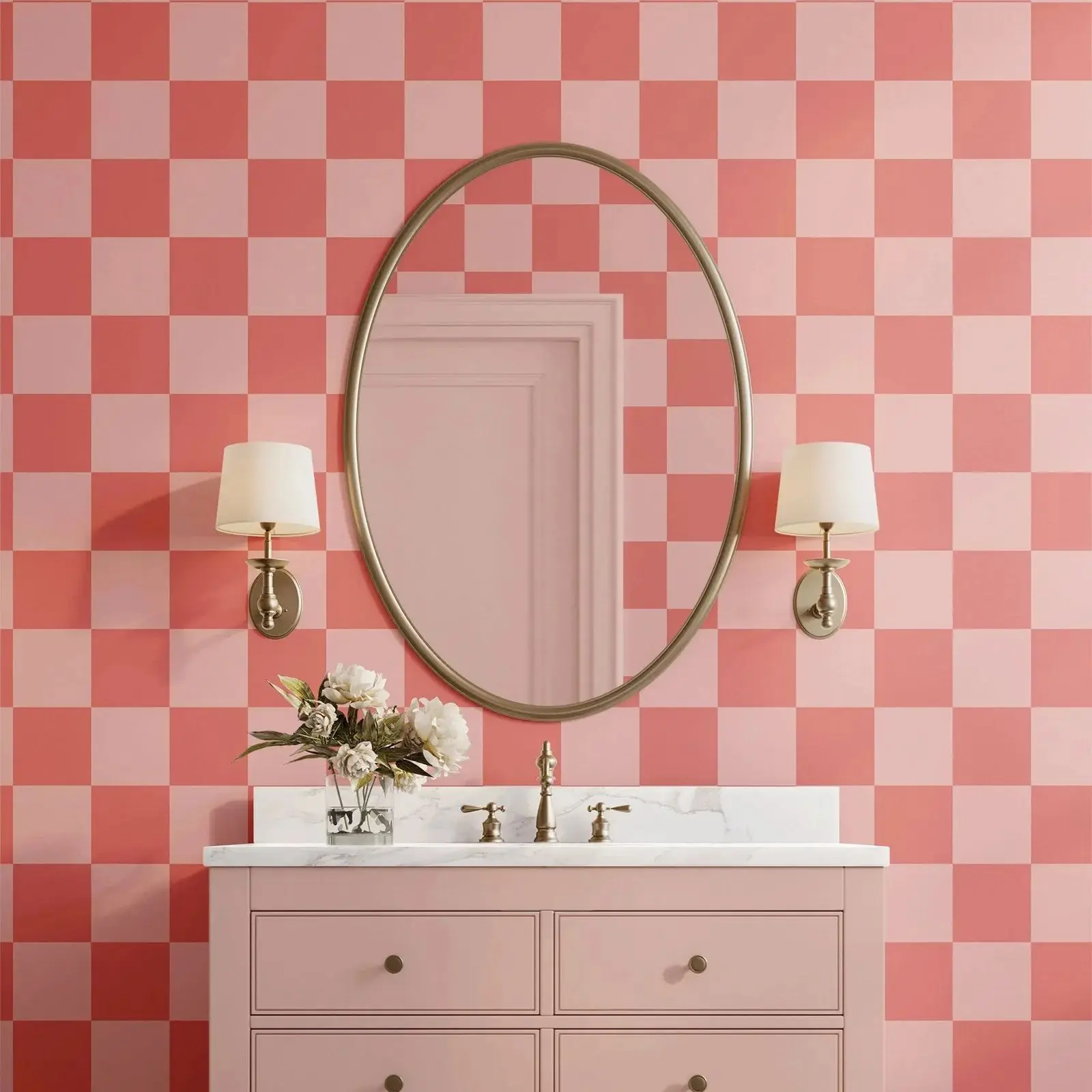 Pink Modern Oversized Checkered Wallpaper, Peel and Stick Wall Mural For Bathroom, Pink and Coral Interior Wall Covering, 50*300