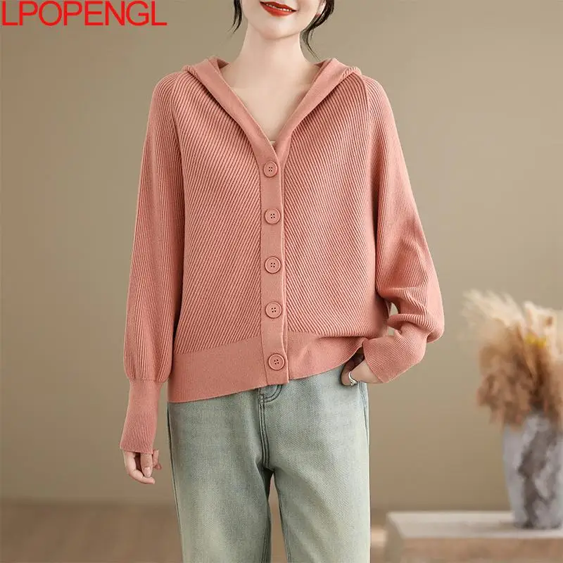 Fashion Casual Sweater Knitted Cardigan Women's Autumn And Winter Solid Color Loose Hooded Long Sleeve Single Breasted Jacket