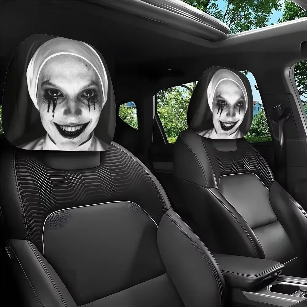 2Pcs Elastic Halloween Car Headrest Covers Scary Nun Skull Soft Comfortable Spooky Face Auto Headrest Sleeve Breathable