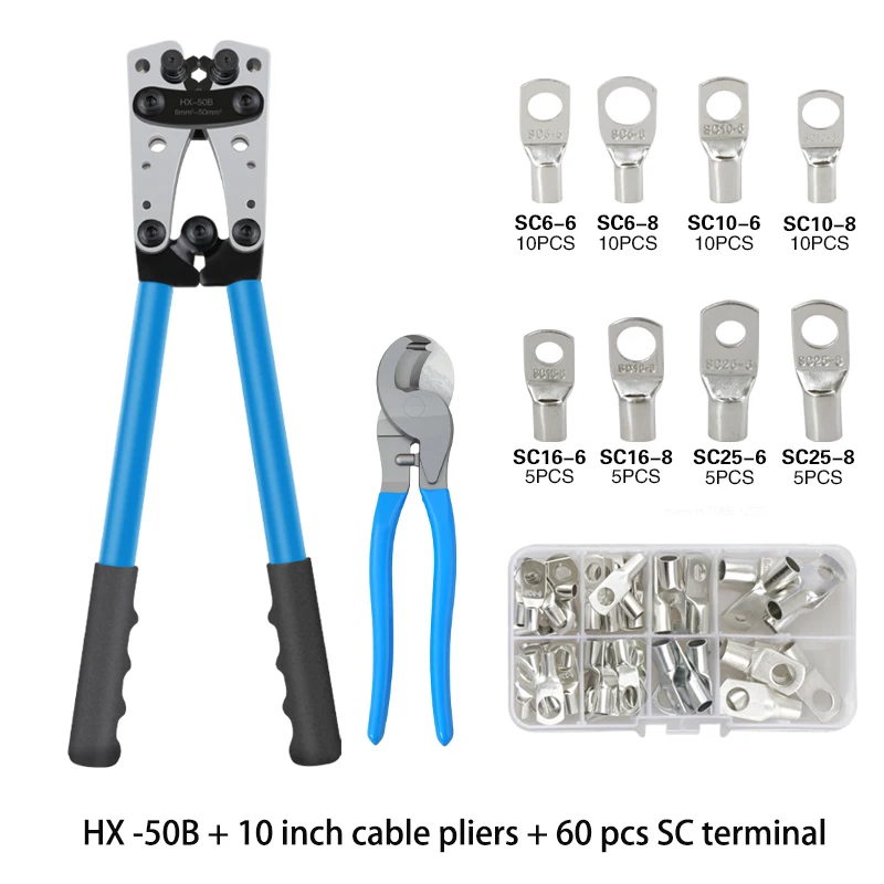 Krimptang Buis Terminal Crimper Hex Crimp Tool Multitool Batterij Kabelschoen Kabel Handgereedschap HX-50B 6-50mm2 AWG 10-0