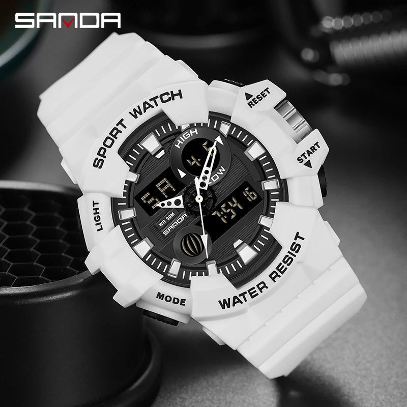 SANDA Top Brand G Style White Sports Men\'s Watch Luxury Military Quartz Watch Men LED Digital Waterproof Timer Stopwatch New Hot