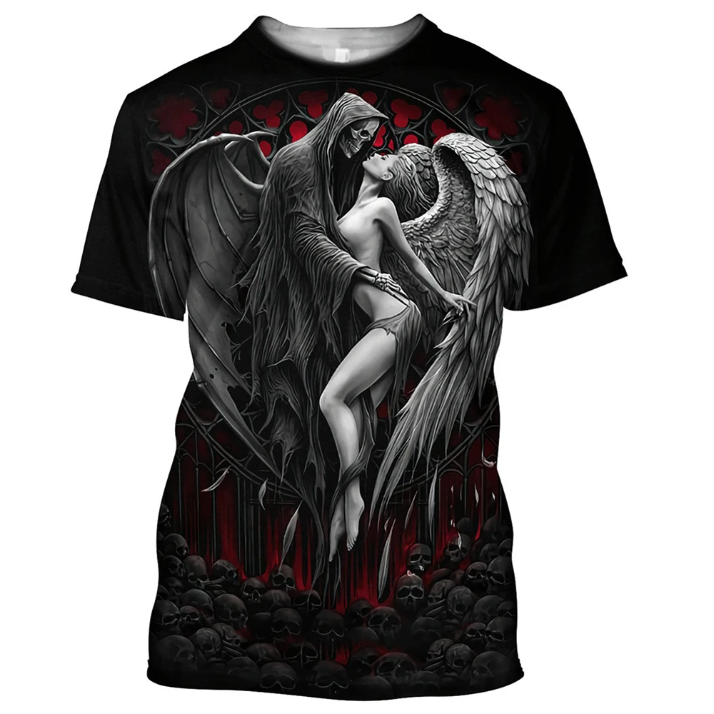 YUHA,Reaper Skull Angel And Demon 3D Printed All Over Men\'s T-shirts Summer Fashion Harajuku Short Sleeve Shirts Unisex Tops Tee