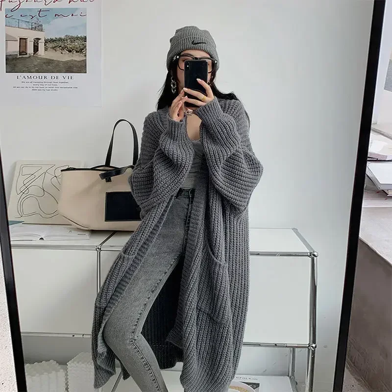 2024 autumn/winter women\'s lazy style mid length over knee sweater, loose and versatile long sleeved knitted cardigan