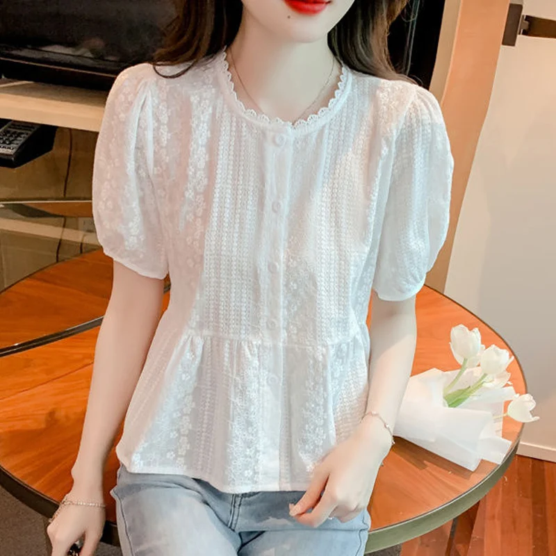 Spring Summer New Round Neck Fashion Solid Color Shirt Women High Street Elegant Button Patchwork Cardigan Lace All-match Tops