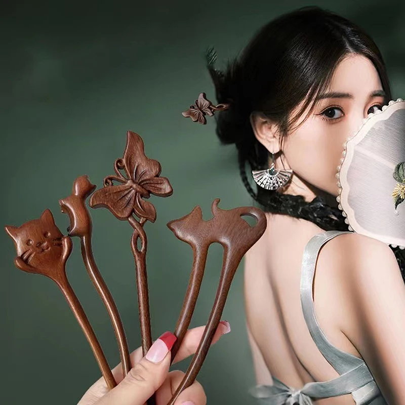 الصينية خشب الصندل الشعر العصي الشوك الرجعية نمط اليدوية منحوتة دبوس الشعر زهرة الحيوان تصاميم عيدان نمط النساء #1