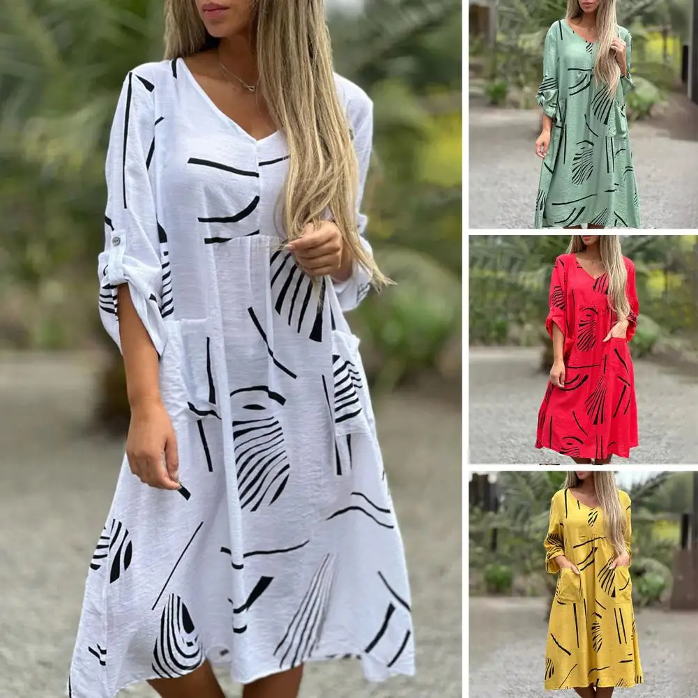 

V-neck Dress Stylish Women's V Neck Midi Dress with Three Quarter Sleeves Plus Size Patch Pocket Loose Fit for Casual Daily Wear