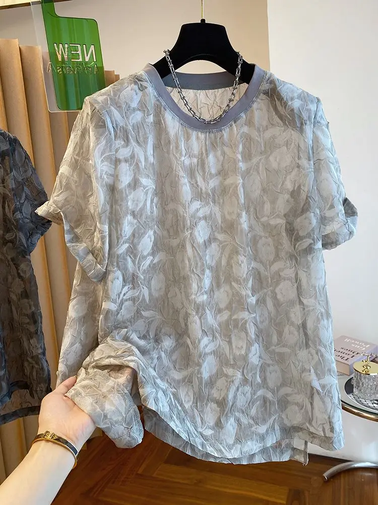 

Print Blouses Women Clothing O-neck Short Sleeve Loose Shirts See Through Summer Fashion Blouse Tops 2025 Blusas Mujer De Moda