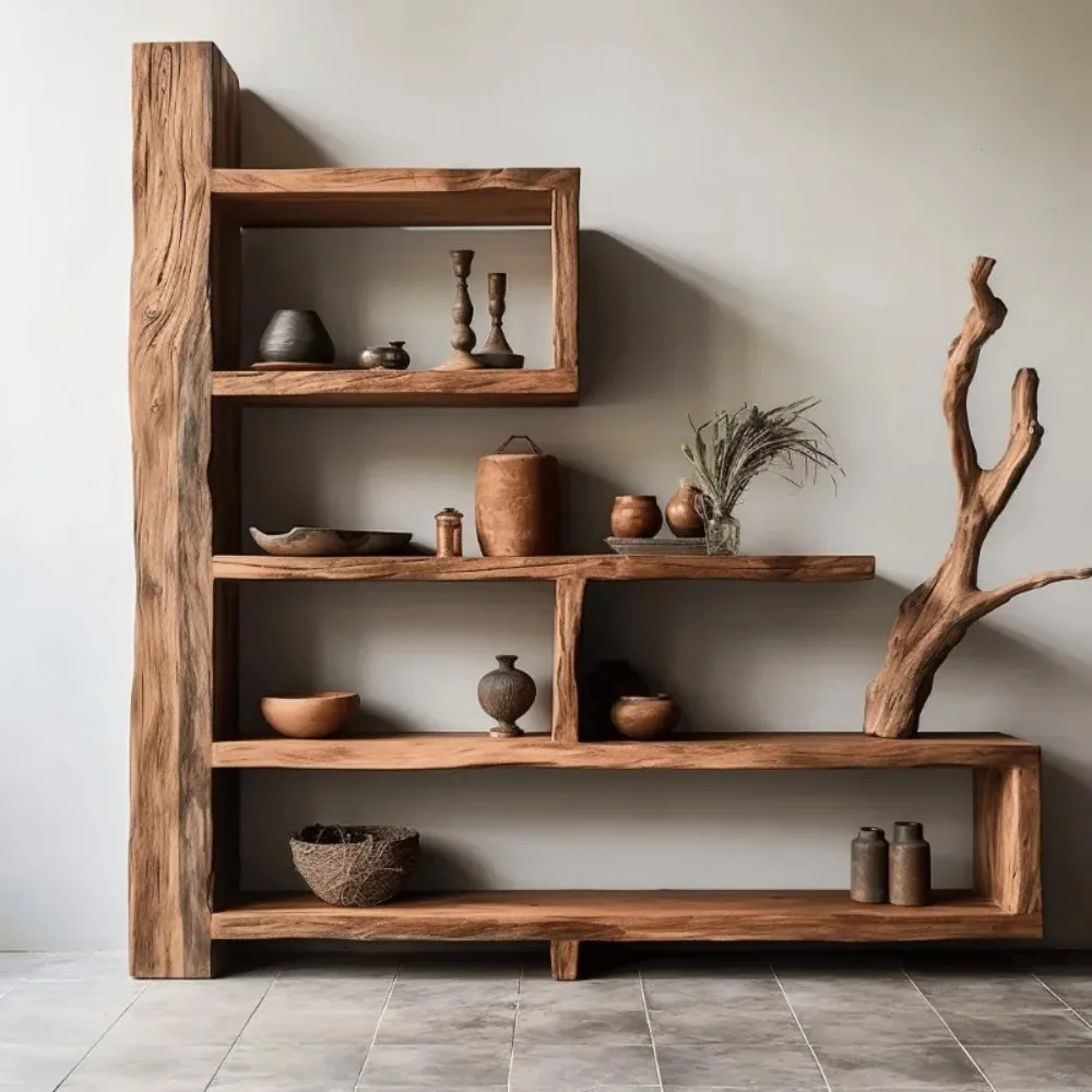 Wabi Sabi Old Wood Bookshelf Floor Standing Storage Display Shelf Rustic Multi Layer Bookcase Decorative Cabinet