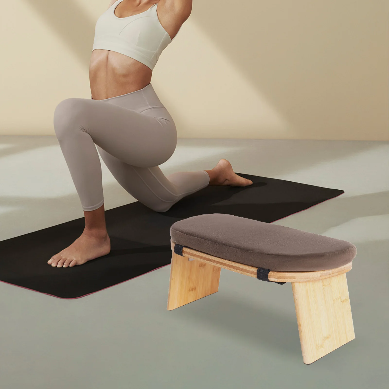 Meditation Prayer Bench, Portable Foldable & 5° Ergonomic Tilt Kneeling Meditation Yoga Stool with Cushion & Carry Bag for Home/Studio/Gym, Bamboo & Velvet Kneeling Stools (Coffee)