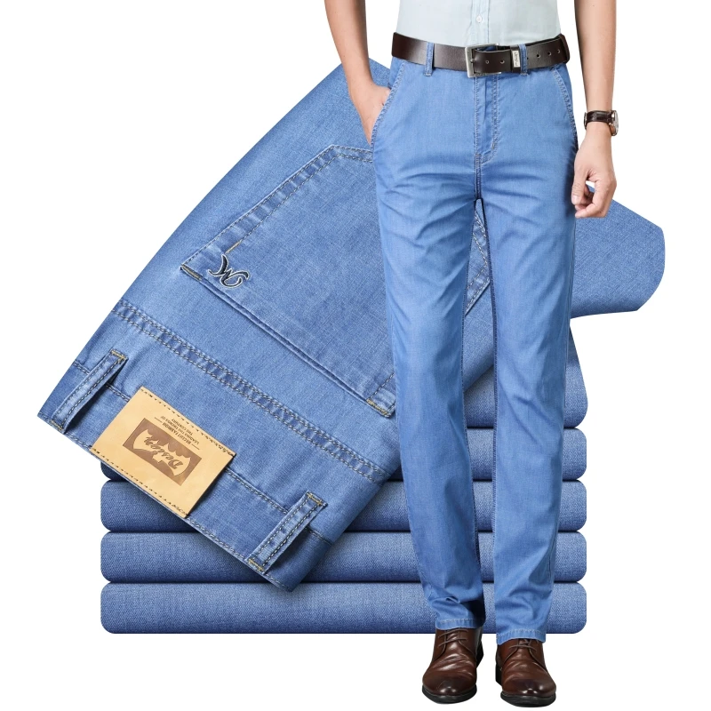 

2026 Summer Brand High Waist Slim Straight Men's Lyocell Lightweight Stretch Jeans Classic Embroidery Business Casual Thin Pants