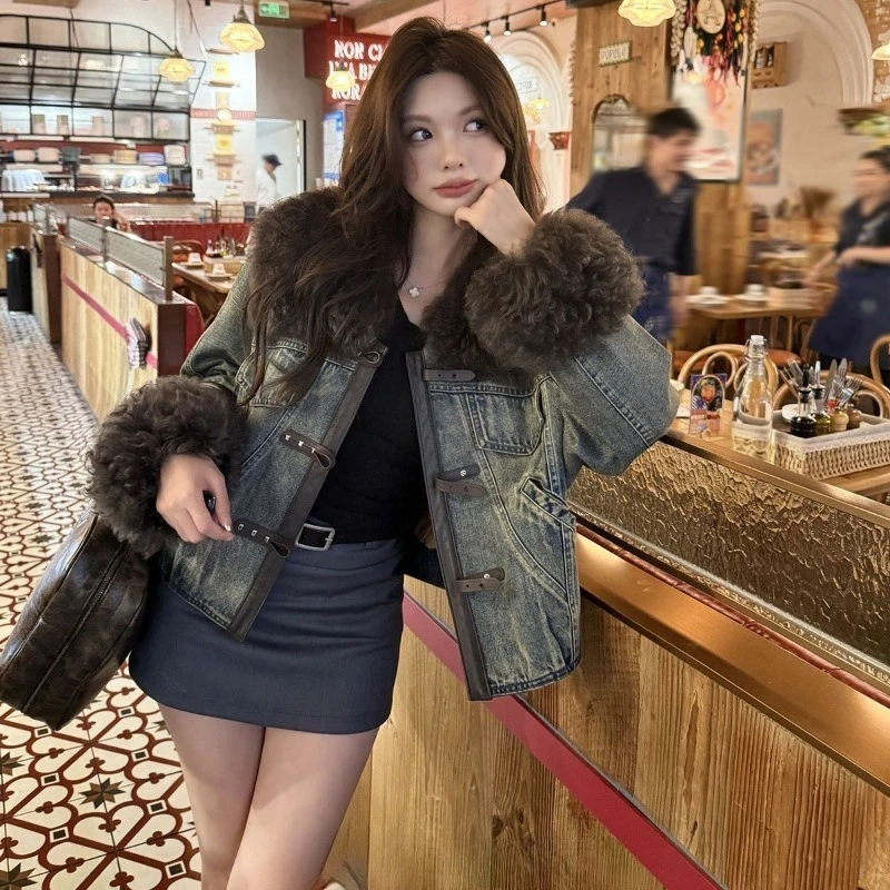 المألوف النمط الأجنبي قصيرة البحرية طوق الراقية معطف المرأة مزاجه الحد من العمر الشتاء الدنيم الرجعية الدافئة أسفل سترة #3