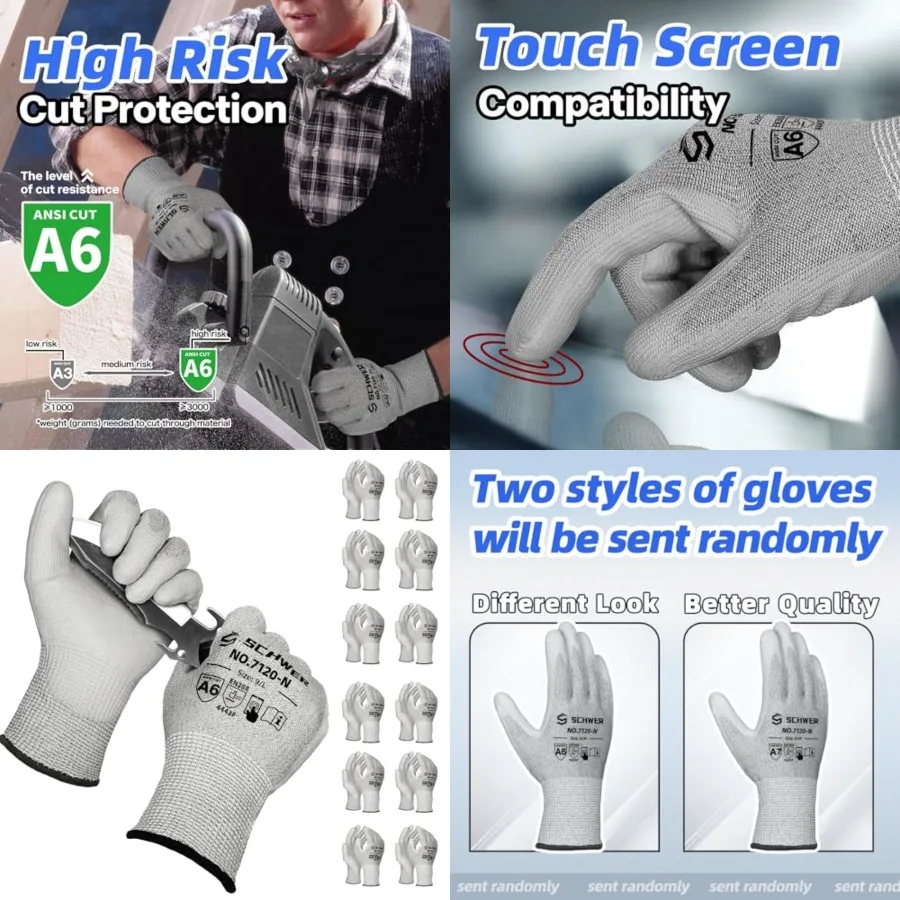 

12 Pairs Cut Resistant Gloves ANSI A6/A7 Send Randomly CR7120 Cut Proof Work Gloves, Touchscreen, for Men and Women Used for Wo
