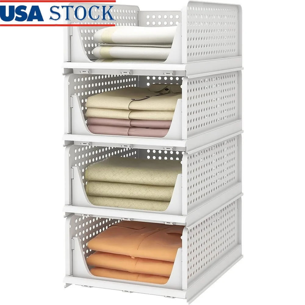 

Stackable Plastic Storage Baskets Foldable Closet Organizers Storage Bins Shoes Clothes Toys Snacks Office Home 4 Pack