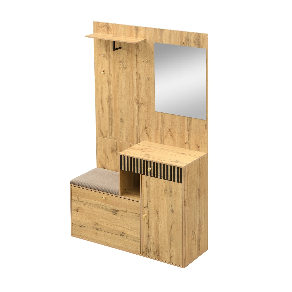 PINGGO Kompaktes Garderoben-Set mit Spiegel und Kissen, Flur-Wandregal, Garderobenpaneele, Schuhschrank für Flur-Aufbewahrung – Detail 15