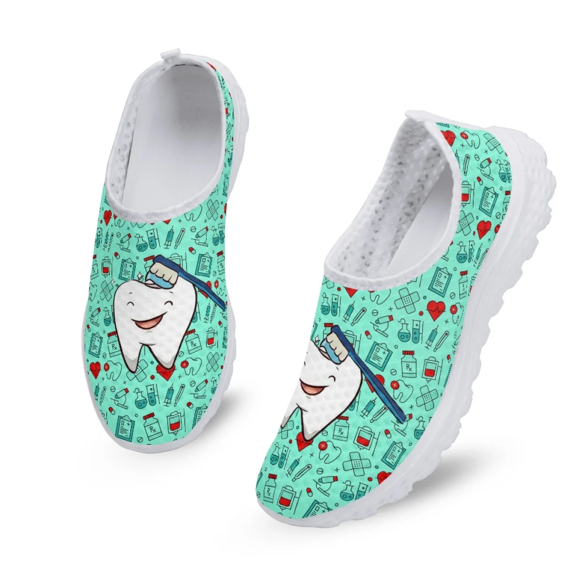 Cartoon Teeth Pattern Loafers Women Slip On Medical Icon Protection Teeth Print Mesh Sneakers Protective Versatile Walking Shoes