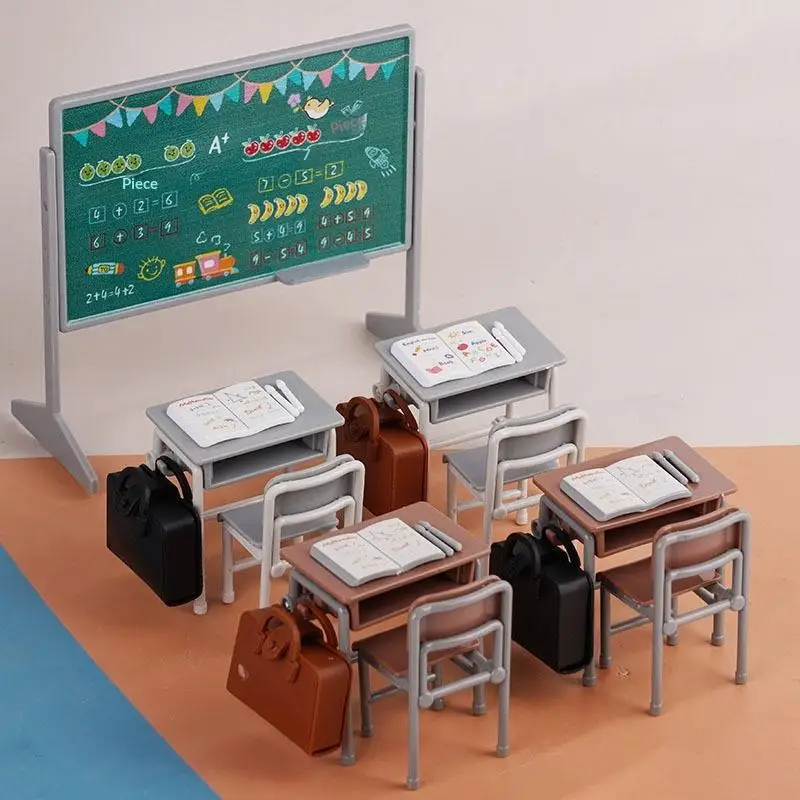 1 Set Mini School Desk Chalkboard Chair Schoolbags Model For Doll House School Furniture Decor Dollhouse Classroom Accessories