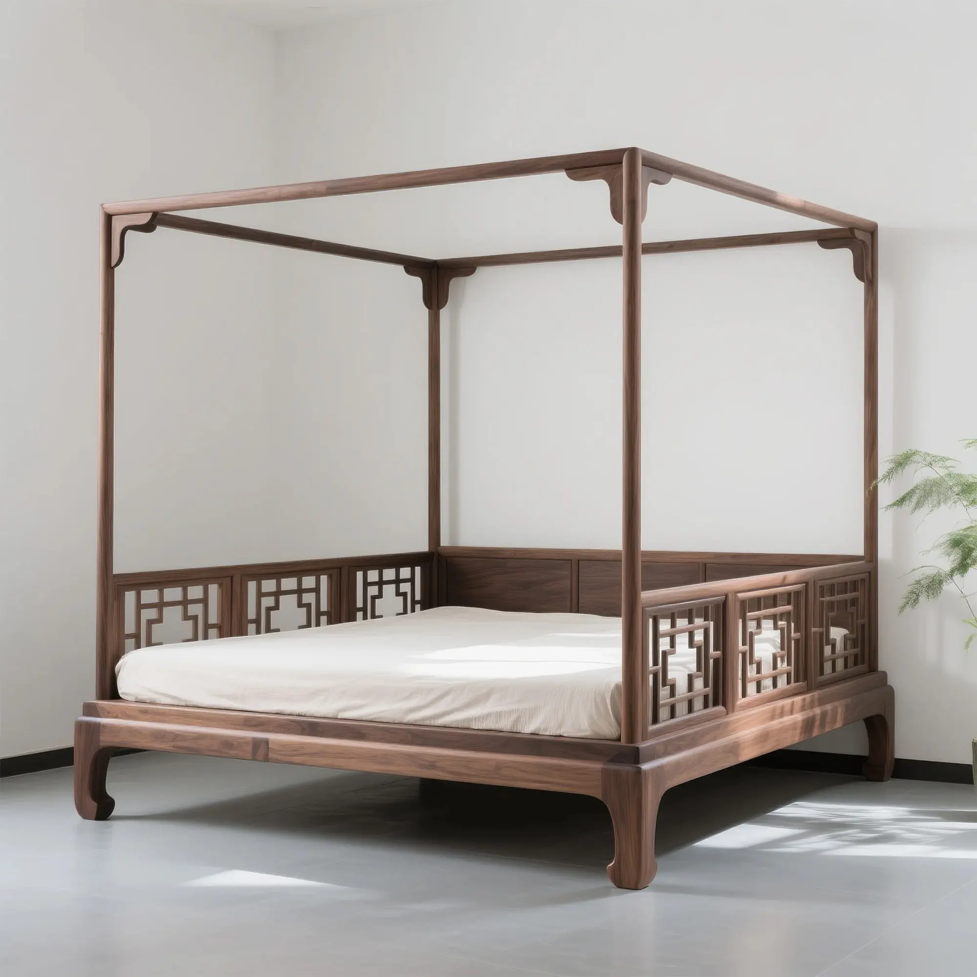 North American Black Walnut Wood Trellis Bed, New Chinese Style Four-Column Bed, Home Master Bedroom Double Bed
