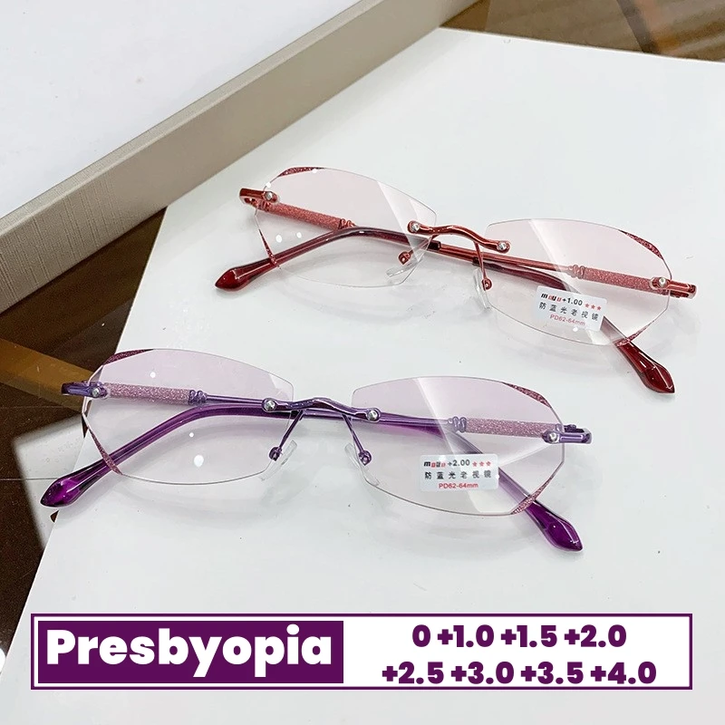 Red and Purple Starlight Fine Flash Presbyopia Eyewear Fashion Frameless Cutting Edge Reading Glasses Anti Blue Light Glasses