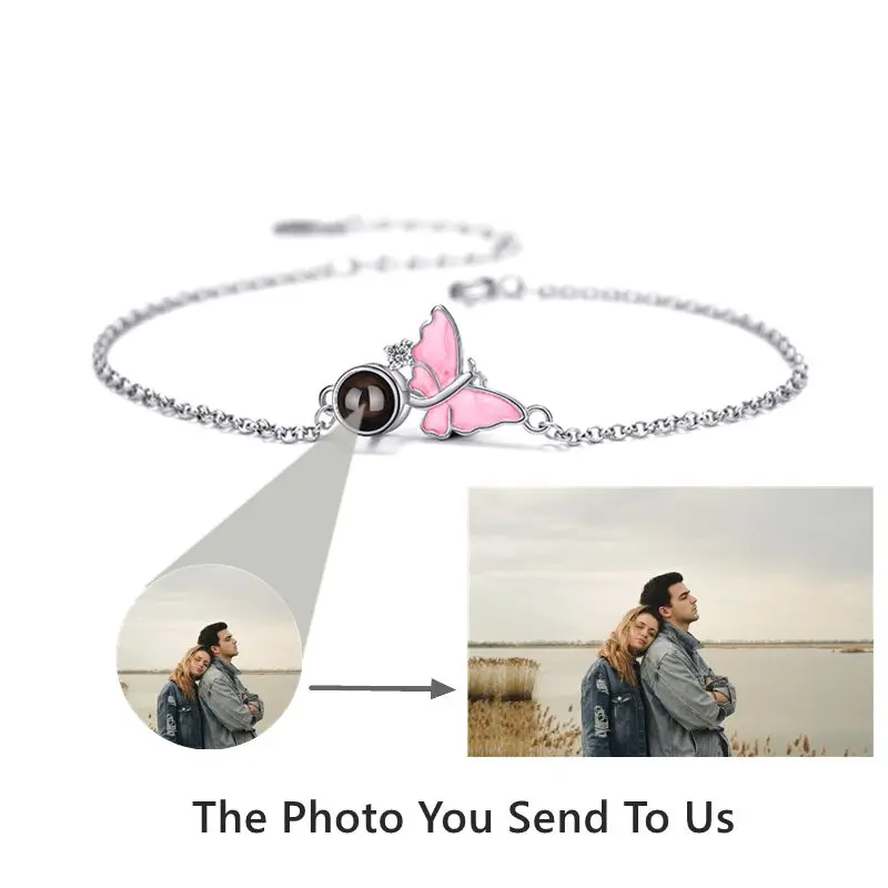 925 Sterling Silver Butterfly Pendant Bracelet Custom Photo Projection Photo Bracelet for Women Wedding Charm Fashion Jewelry