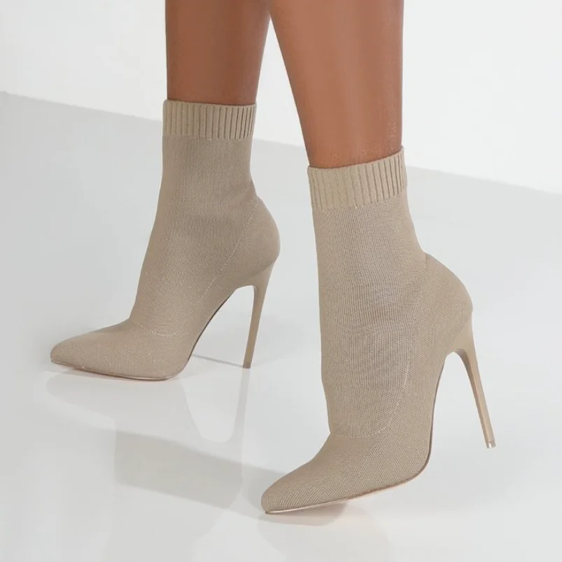 Calcetines de lujo para mujer, zapatos de tela elástica, botines para mujer con punta estrecha y tacones altos, calcetín Sexy sin cordones, botas Chelsea de tacón, talla