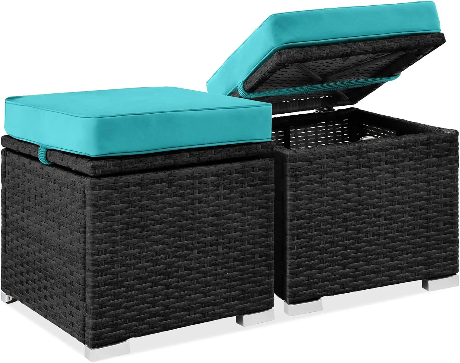 

Set of 2 Wicker Ottomans, Multipurpose Outdoor Furniture for Patio, Side Table w/Storage, Removable Cushions - Black/Teal USA