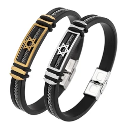 Classic Simple Six Stars Black Silicone Grooves Stainless Steel Rope Bracelet Fashion Men's Bracelet Souvenir Gift Wholesale