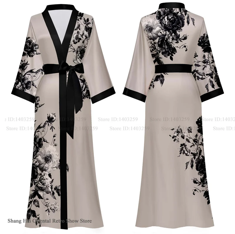 Plus size feminino longo robe impressão floral kimono roupão de banho sexy seda gelo sleepwear camisola solta casual casa vestido loungewear