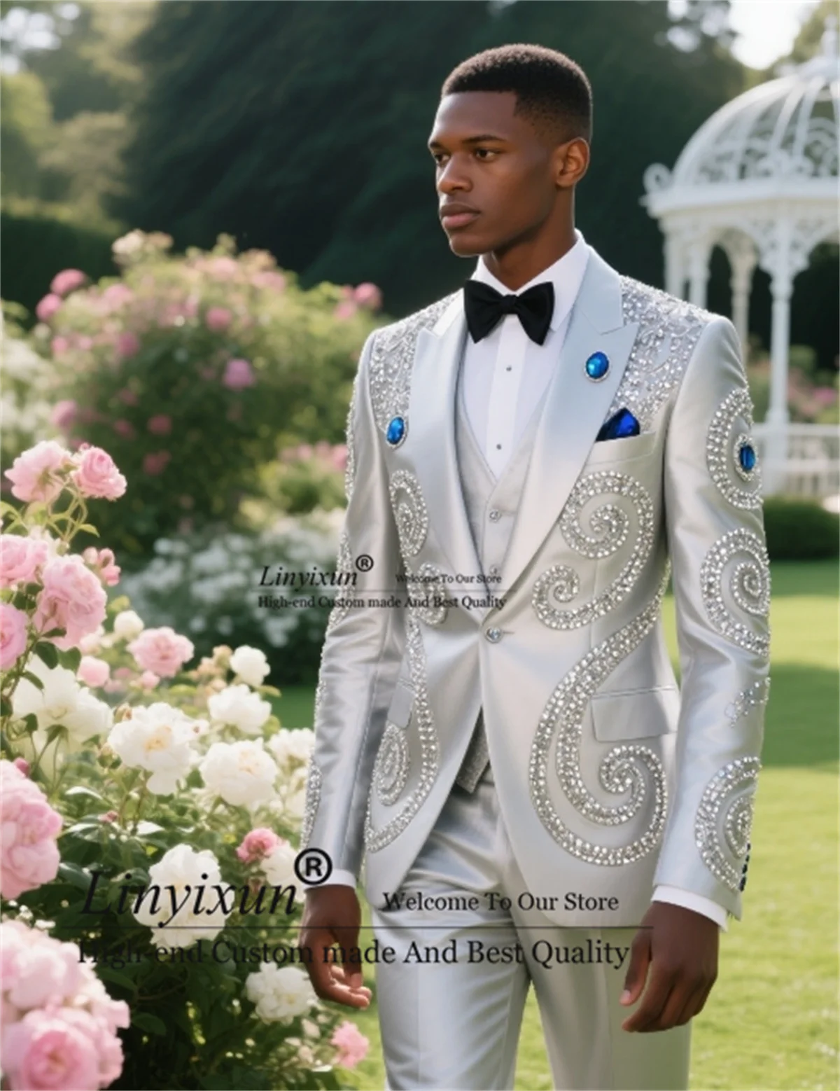 

Luxury Plears Diamond Wedding Suit For Men 3 Pieces Sets Costume Homme Customized Groom Party Slim Fit Male Party Blazers