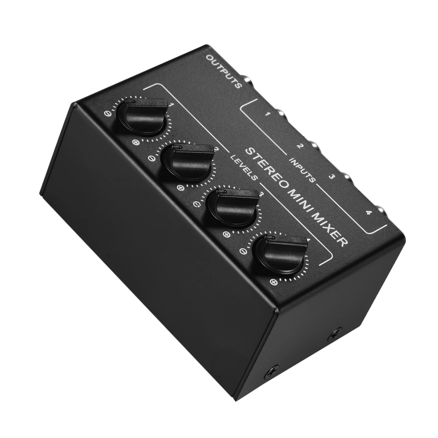 Mini Stereo Mixer Audio, 4-Channel RCA entradas, controles de volume separados, Full Metal Shell