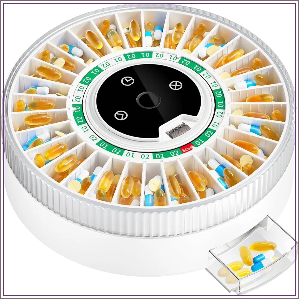 2025 Smart Pill Dispenser for Seniors - 31-Slot Automatic Medication Organizer with Bluetooth Alarms, Fingerprint & Mechanical Dual Lock, Daily Timed Dispenser