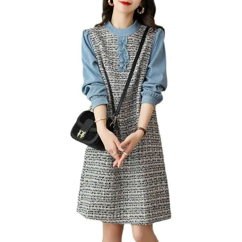 Female 2025 New Commute Contrasting Colors Spliced Midi Dress Autumn Button Fashion Lace Pleated Casual Loose Round Neck Dresses