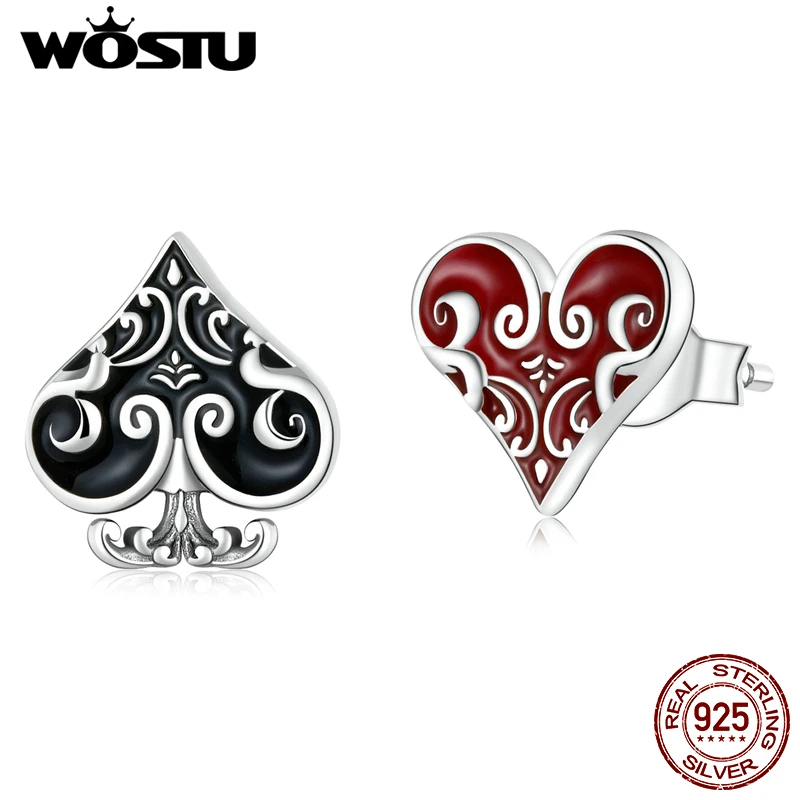 WOSTU 925 Sterling Silver Stud Earrings Love Black Red Poker Heart Ear For Women Earring Girl Party  Wedding Jewelry FIE1378