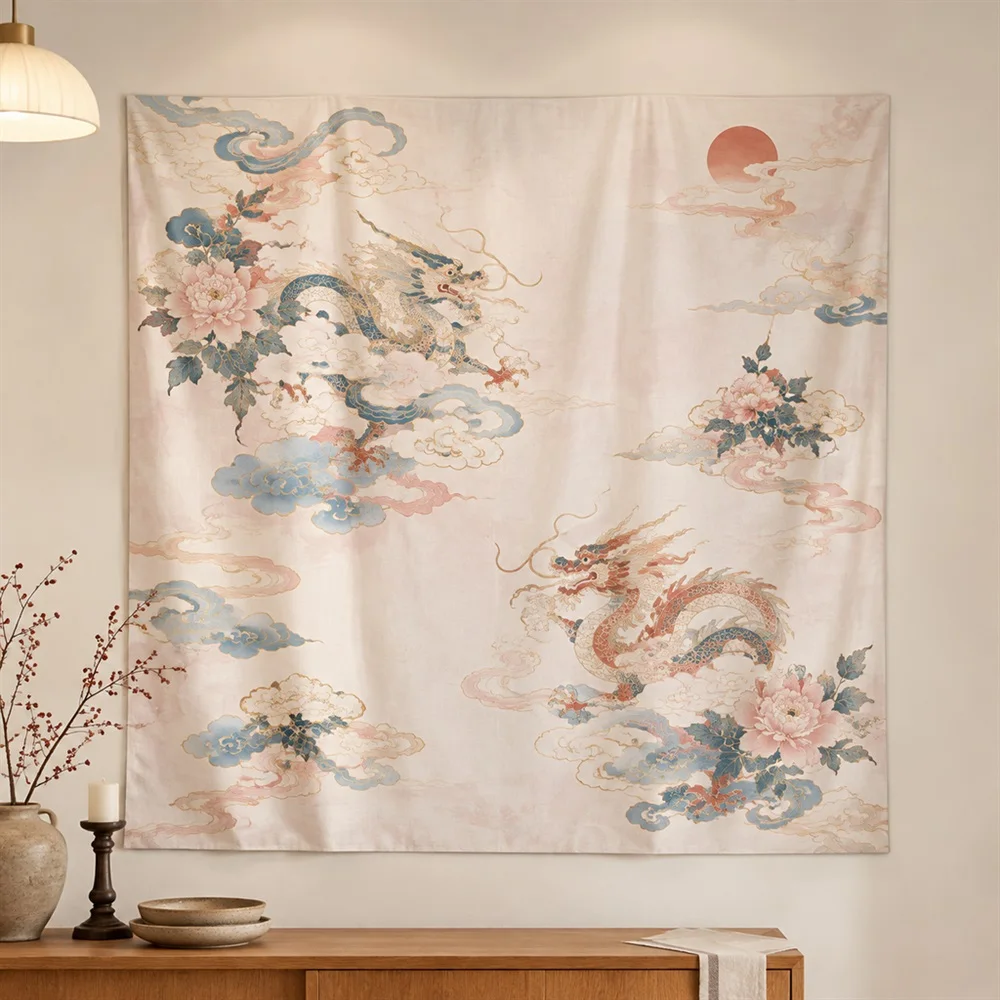 VIKAMA Cloud Dragon Motif Clustered Groups Tapestry Wall Hanging, Oriental Wall Decor Tapestries for Living Room Bedroom